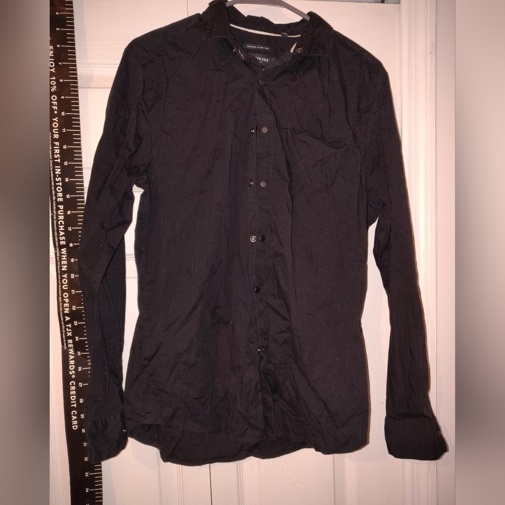 Kenneth Cole Men's Dark Button-Up Shirt Casual Black White Slim Fit Dress Shirt
